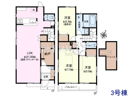 3号棟・参考プラン【東久留米市小山5丁目】　
[参考プラン] 
建物価格：1,600万円（税込）　建物面積：95.63m&sup2;