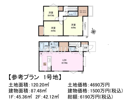 1号地　建物プラン例（間取図）　【調布市深大寺北町５丁目】　
[参考プラン] 
建物価格：1,500万円（税込）　建物面積：87.48m&sup2;