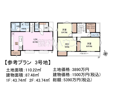 3号地　建物プラン例（間取図）　【調布市深大寺北町５丁目】　
[参考プラン] 
建物価格：1,500万円（税込）　建物面積：87.48m&sup2;