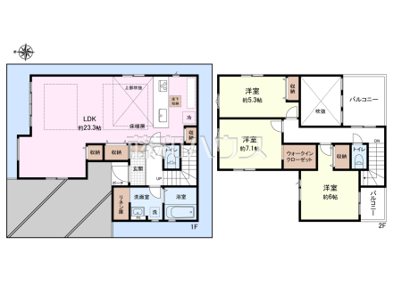 ご家族がのびのび暮らせる23帖超の大空間リビング！みんなの笑顔が見れること間違いない。
間取図　【所沢市大字北秋津】