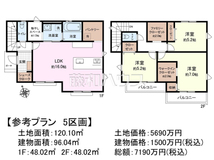 ≪5号地　建物プラン例（間取図）≫建物のプレゼンをさせていただきますので、実際の完成イメージを思い描いていただくことができます。お気軽にお問合せ下さい。　　【府中市分梅町３丁目】　
[参考プラン] 
建物価格：1,500万円（税込）　建物面積：96.04m&sup2;