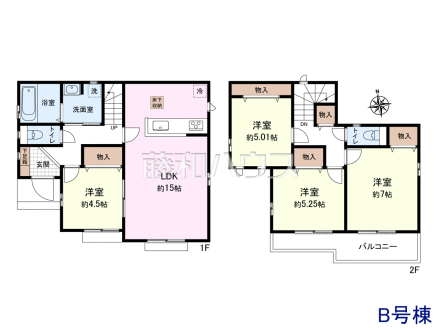 ≪B号棟　間取図≫主寝室は南面に面した7帖の陽だまりスペース♪【府中市日新町３丁目】