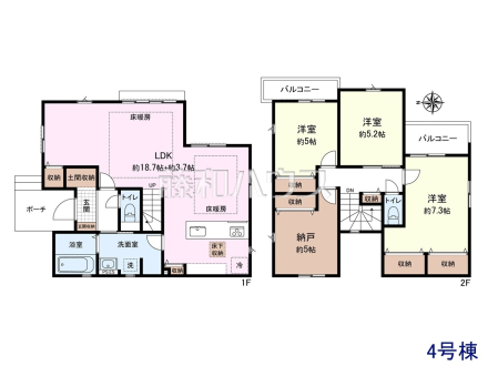 4号棟　間取図　【日野市万願寺６丁目】
各棟、個性的な間取りでご家族皆様のニーズにこたえます。3家族のために、明るく寛ぎに満ちた間取りをご用意しています。