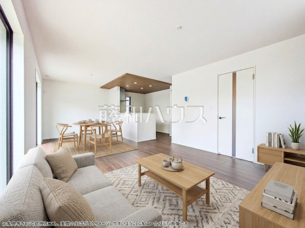 1号棟　リビング　※配置してある家具や小物はCGによるイメージです。家具・小物は販売価格に含まれません。　【新座市石神２丁目】／撮影日2026/03/23