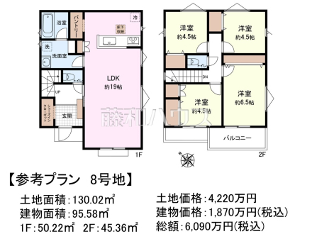8号地　建物プラン例（間取図）　【国分寺市戸倉４丁目】　
[参考プラン] 
建物価格：1,870万円（税込）　建物面積：95.58m&sup2;