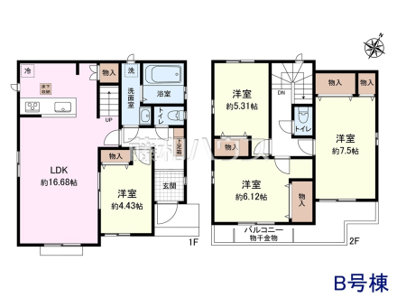 B号棟　間取図　【日野市落川】
奥行きのあるワイドバルコニー！お洗濯物の多い日でもいっきに干せますね。