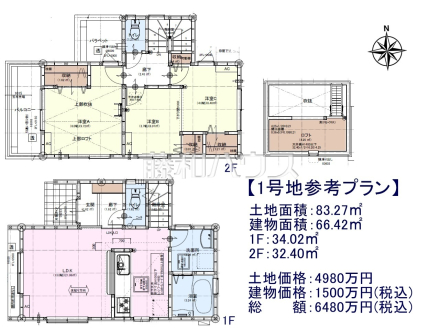 1号地　建物プラン例（間取図）　【小金井市梶野町４丁目】　
[参考プラン] 
建物価格：1,500万円（税込）　建物面積：66.42m&sup2;