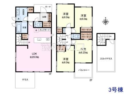 3号棟　間取図　【日野市西平山３丁目】家族の集まるLDKはゆったり約20帖！リビングに生活動線の中心となるリビングイン階段を設置し、家族の絆を育む住まいとなっています。