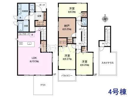 4号棟　間取図　【日野市西平山３丁目】ウォークインクローゼットや納戸など、収納を重視した間取りです。約5.25帖の納戸は収納としてだけでなくテレワークにも活用できます。