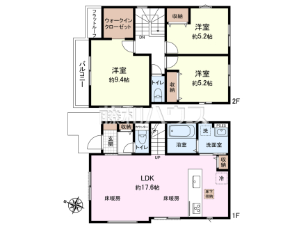 ≪間取図≫ 家族の集まるLDKはゆったり約17.6帖！9.4帖の洋室にはウォークインクローゼットがございます。【東久留米市氷川台２丁目】