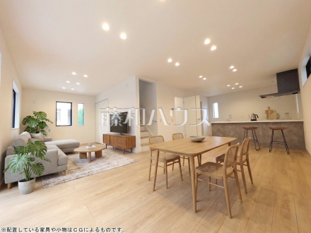 対面キッチンを採用したリビングは明るく開放感を主として設計しました。※配置している家具や小物はＣＧによるものです。　【練馬区土支田２丁目】／撮影日2026/04/09