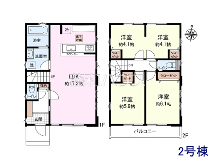 ≪2号棟　間取図≫全居室角部屋仕様で2面採光を実現　【府中市小柳町２丁目】