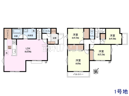1号地　建物プラン例（間取図）　【三鷹市牟礼５丁目】　
[参考プラン] 
建物価格：1,600万円（税込）　建物面積：99.9m&sup2;