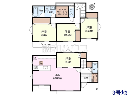 3号地　建物プラン例（間取図）　【三鷹市牟礼５丁目】　
[参考プラン] 
建物価格：1,600万円（税込）　建物面積：99.22m&sup2;