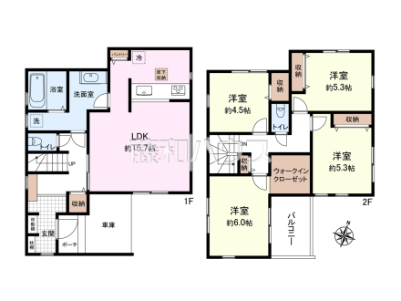 パントリーとWIC、ママの「欲しい」が詰まった住宅！
15帖超のLDKに集まる、光と風が心地よい2階建ての暮らし。
間取図　【新座市新堀１丁目】