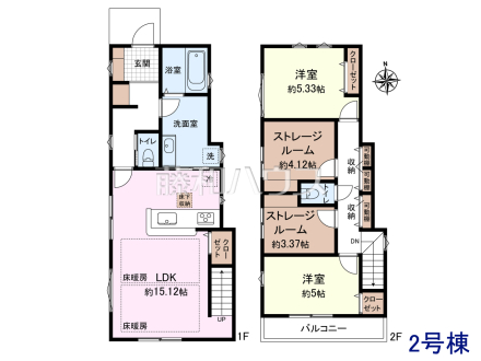 ≪2号棟　間取図≫2階のストレージルームは窓＋クローゼット付きで居室としてもご利用可　【府中市若松町３丁目】