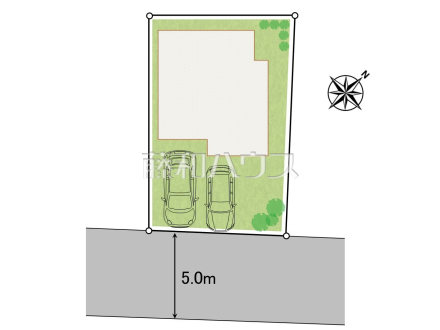 全体区画図　【日野市西平山５丁目】
前面道路幅も５mあるので、全体としての見通しがよく、すれ違いや車を出し入れする際も安心です。　