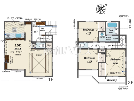 間取図　【日野市西平山５丁目】
各部屋収納に加え、リビングにも収納があるため整理整頓に役立ちます。