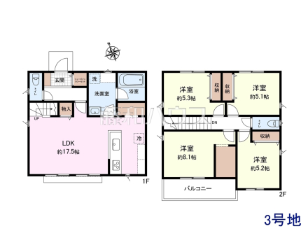 3号地　建物プラン例（間取図）　【日野市石田１丁目】　
[参考プラン] 
建物価格：1,980万円（税込）　建物面積：103.19m&sup2;