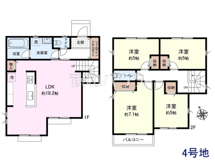4号地　建物プラン例（間取図）　【日野市石田１丁目】　
[参考プラン] 
建物価格：1,980万円（税込）　建物面積：102.67m&sup2;