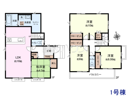 ≪1号棟・間取図≫　4LDK　1階：54.65㎡、2階：49.27㎡、合計：103.92㎡
2ドア1ルームの洋室。お子様の成長に合わせ、小さいころは同じ部屋で、大きくなったら間仕切りすることも可能です。【新座市石神3丁目】