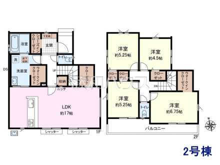 ≪2号棟・間取図≫　4LDK　1階：53.82㎡、2階：48.85㎡、合計：102.67㎡
ウォークインクローゼット✖2・シューズインクローゼット付きの収納豊富な間取りです。【新座市石神3丁目】