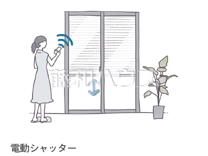電動シャッター　一部の窓にはリモコンで操作できる電動シャッターを採用。こじ開けに時間がかかるので不審者の侵入をシャットアウトします。