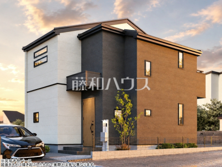 建物プラン例（パース・外観）　【東村山市恩多町５丁目】　
[参考プラン] 
建物価格：1,650万円（税込）　建物面積：94.4m&sup2;