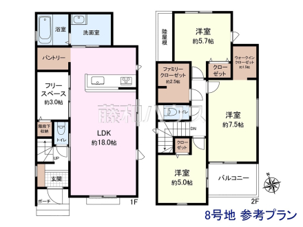 8号地　建物プラン例（間取図）　【東村山市恩多町５丁目】　
[参考プラン] 
建物価格：1,650万円（税込）　建物面積：97.29m&sup2;