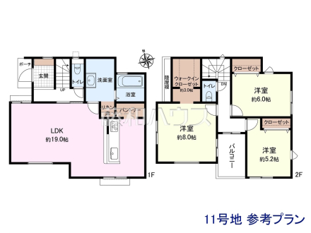 11号地　建物プラン例（間取図）　【東村山市恩多町５丁目】　
[参考プラン] 
建物価格：1,650万円（税込）　建物面積：98.12m&sup2;