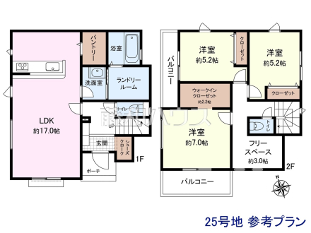 25号地　建物プラン例（間取図）　【東村山市恩多町５丁目】　
[参考プラン] 
建物価格：1,650万円（税込）　建物面積：97.71m&sup2;