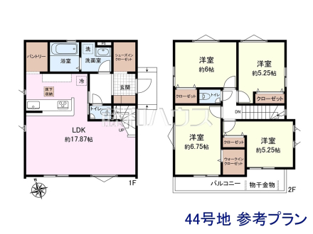 44号地　建物プラン例（間取図）　【東村山市恩多町５丁目】　
[参考プラン] 
建物価格：1,650万円（税込）　建物面積：98.74m&sup2;