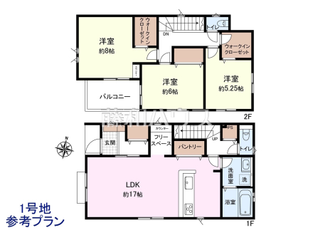1号地　建物プラン例（間取図）　【東大和市南街３丁目】　
[参考プラン] 
建物価格：1,600万円（税込）　建物面積：97.29m&sup2;