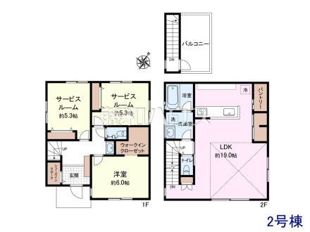 2号地　建物プラン例（間取図）　【調布市仙川町２丁目】　
[参考プラン] 
建物価格：1,760万円（税込）　建物面積：91.5m&sup2;
