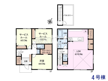 4号地　建物プラン例（間取図）　【調布市仙川町２丁目】　
[参考プラン] 
建物価格：1,760万円（税込）　建物面積：91.5m&sup2;