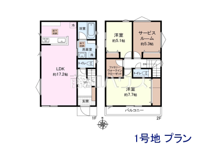 1号地　建物プラン例（間取図）　【小平市天神町１丁目】　
[参考プラン] 
建物価格：1,600万円（税込）　建物面積：85.04m&sup2;
