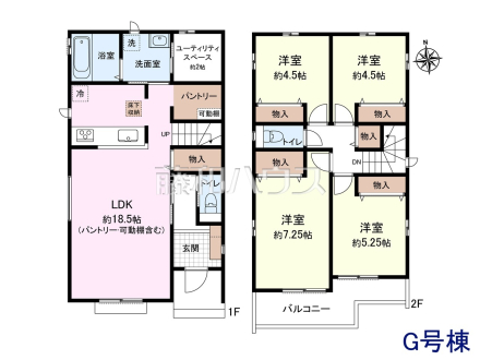 G号地　建物プラン例（間取図）　
土地価格3920万円＋建物価格1570万円＝総額5490万円　
[参考プラン] 
建物価格：1,570万円（税込）　建物面積：98.54m&sup2;