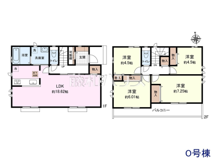 O号地　建物プラン例（間取図）　
土地価格4190万円＋建物価格1700万円＝総額5890万円　
[参考プラン] 
建物価格：1,700万円（税込）　建物面積：97.91m&sup2;