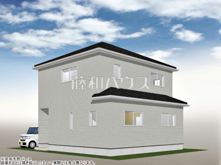 9号地　建物プラン例・南西側（パース・外観）　【小平市小川町１丁目】　
[参考プラン] 
建物価格：2,398万円（税込）　建物面積：99.36m&sup2;