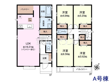 A号地　建物プラン例（間取図）　【日野市西平山１丁目】　
[参考プラン] 
建物価格：1,525万円（税込）　建物面積：96.05m&sup2;