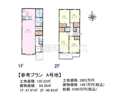 A号地　建物プラン例（間取図）　【小平市仲町】　
[参考プラン] 
建物価格：1,487万円（税込）　建物面積：94.39m&sup2;