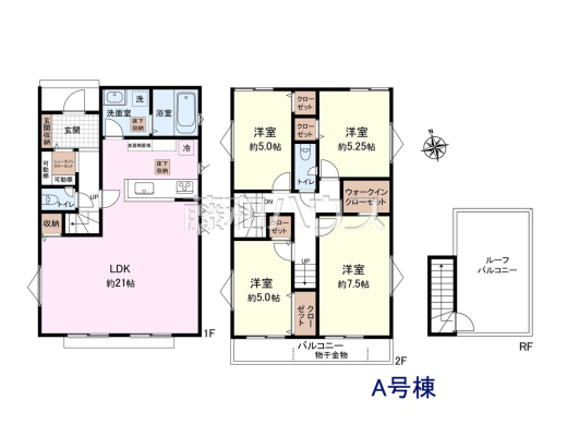 ≪間取図≫
全室5帖以上・2面採光の明るく開放的なゆとりある4LDK！
主寝室はWIC付きの7.5帖・LDK21帖ございます♪ルーフバルコニーでバーベキューを楽しんだり、夏の暑い時期にはお子様のプールも使えます。