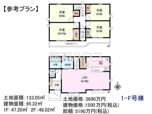 1-F号地　建物プラン例（間取図）　【日野市大字上田】　
[参考プラン] 
建物価格：1,500万円（税込）　建物面積：95.22m&sup2;