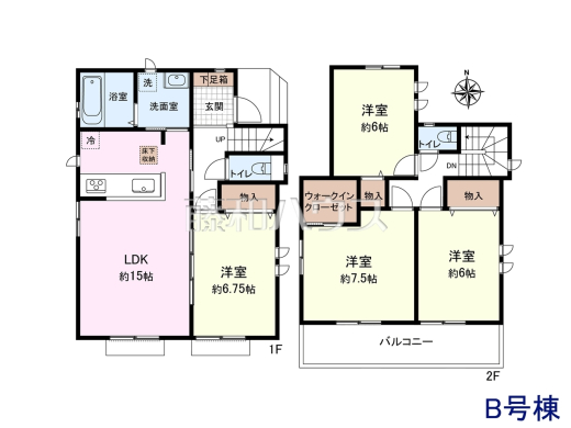 B号地　建物プラン例（間取図）　【東大和市狭山４丁目】　
[参考プラン] 
建物価格：1,530万円（税込）　建物面積：97.29m&sup2;