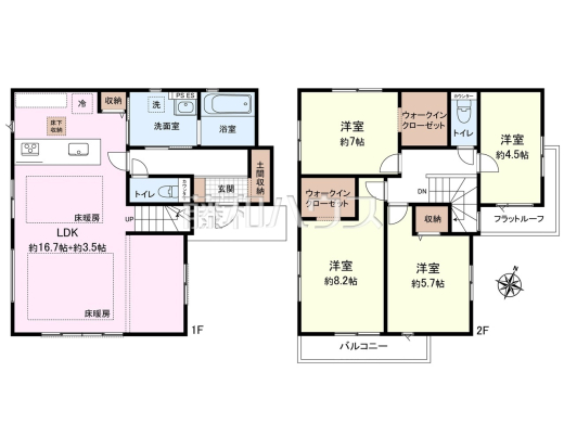 間取図　パントリー＋WIC×２＋土間収納と豊富な収納を備えた、床暖房付きの新邸が誕生！！お探しの物件に出会うためには、早めのご確認をオススメします。未完成の今のうちにぜひお問合せをお待ちしております。
