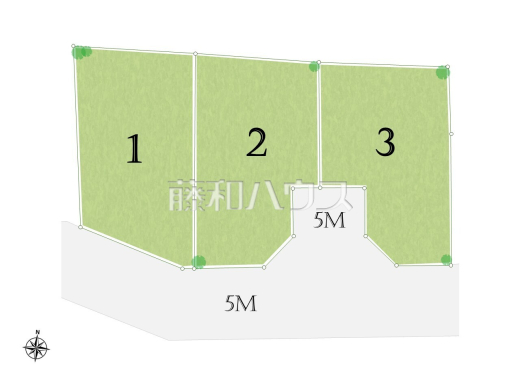 ≪全体区画図≫前面道路はゆとりの5m。車の出し入れも楽々です。【府中市日新町５丁目】