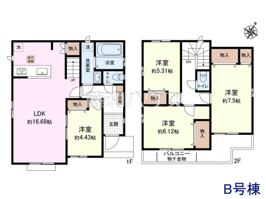 B号棟　間取図　【日野市落川】
奥行きのあるワイドバルコニー！お洗濯物の多い日でもいっきに干せますね。