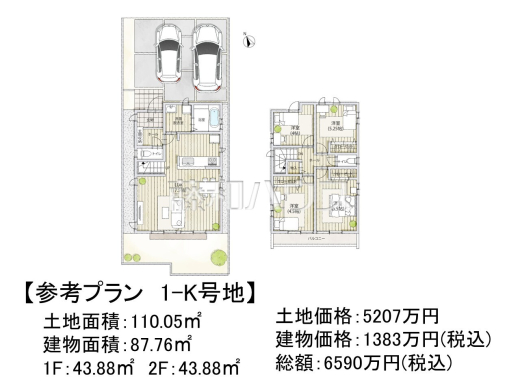 1K号地　建物プラン例（間取図）　【調布市佐須町５丁目】　
[参考プラン] 
建物価格：1,383万円（税込）　建物面積：87.76m&sup2;