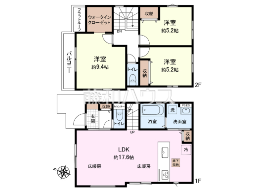 ≪間取図≫ 家族の集まるLDKはゆったり約17.6帖！9.4帖の洋室にはウォークインクローゼットがございます。【東久留米市氷川台２丁目】