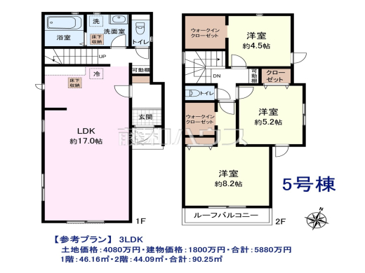 ≪5号地・参考プラン≫　3LDK
　土地価格：4080万円・建物価格：1800万円・合計：5880万円
　1階：46.16㎡・2階：44.09㎡・合計：90.25㎡【西東京市中町６丁目】　
[参考プラン] 
建物価格：1,800万円（税込）　建物面積：90.25m&sup2;